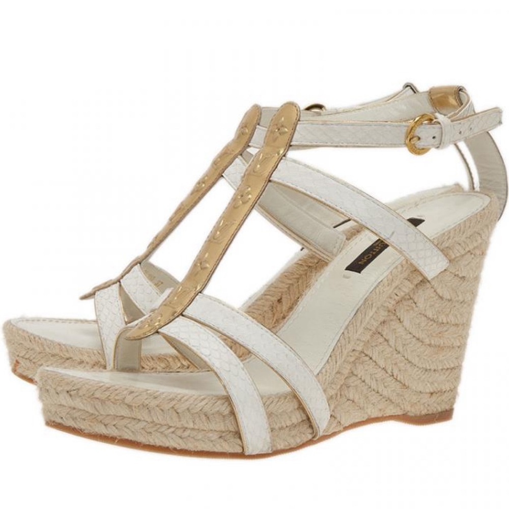 Louis Vuitton White Leather Bahamas T-Strap Espadrille Wedge Sandals Size 36.5